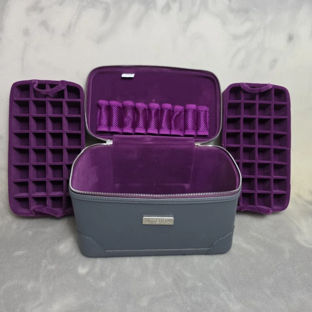 doTERRA Essential Oils Travel Storage Train Case Gray Purple Holds 73 Bottles